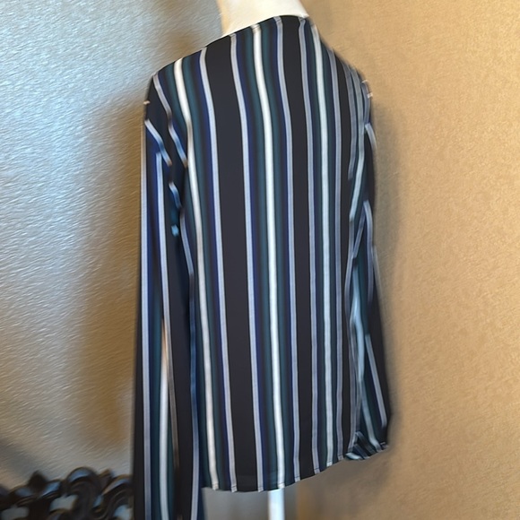 Express size Large. Black blue green white striped wrap blouse long sleeve EUC - Picture 4 of 8